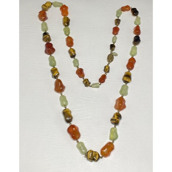 Vintage Signed Les Bernard Tiger’s Eye Jade and Carnelian Beaded Necklace 36 in